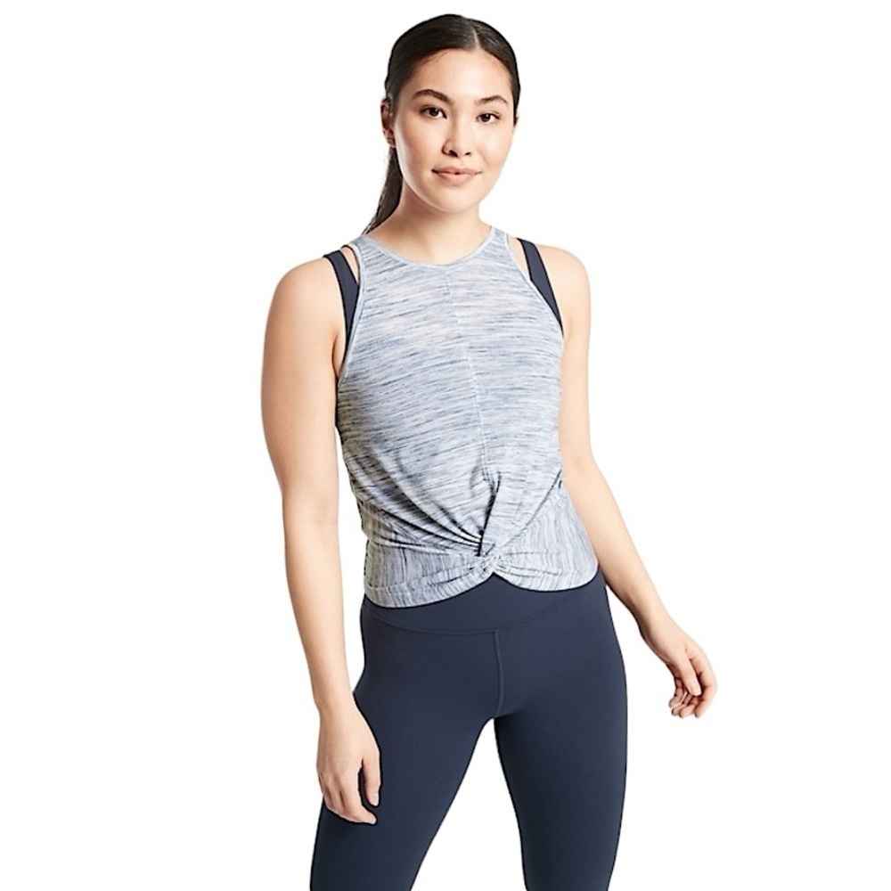 Athleta Essence Spacedye Twist Front Tank Top Heather Blue Gray Size XS Shirt